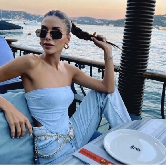 Zara Light Wash Denim Jean Bandana Crop Casual Stretch Tank Top Size Small NWT - Picture 10 of 10